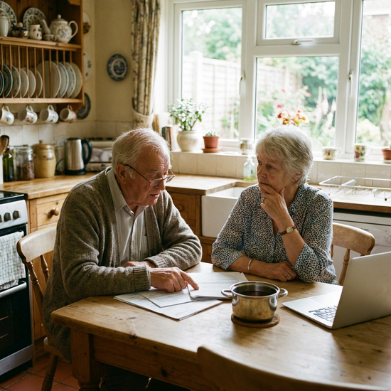Seniorenpaar sitzt beratend am Küchentisch