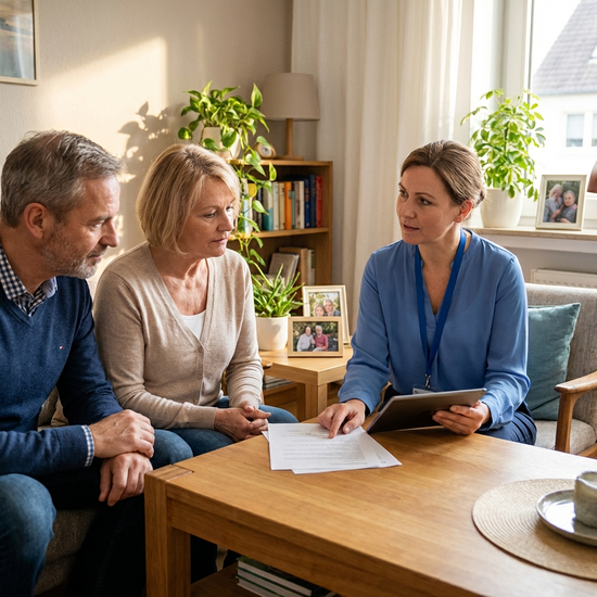 Pflegedienstleitung bespricht Details mit Angehörigen bei einem Hausbesuch