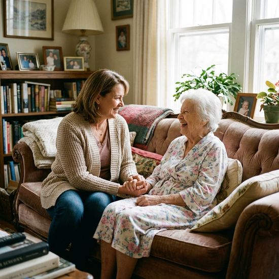 Vertrautes Gespräch zwischen Pflegerin und Seniorin auf dem Sofa