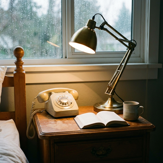 Telefon auf einem Nachttisch neben einer Leselampe
