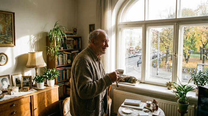 Älterer Herr blickt zufrieden aus dem Fenster seiner gemütlichen und hellen Wohnung