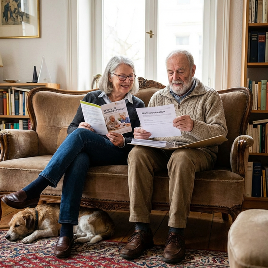 Seniorenpaar sitzt entspannt auf dem Sofa und liest aufmerksam Informationsmaterial