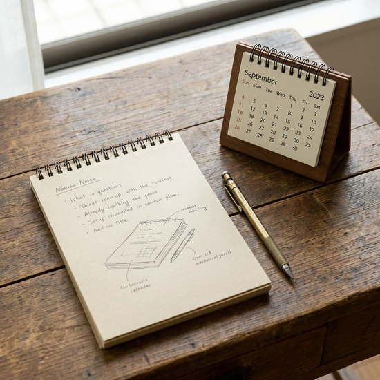 Notizblock mit Stift und Kalender liegen geordnet auf einem Holztisch