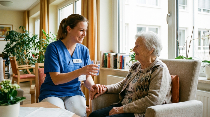 Pflegerin in blauer Berufsbekleidung reicht einer älteren Dame freundlich ein Glas Wasser