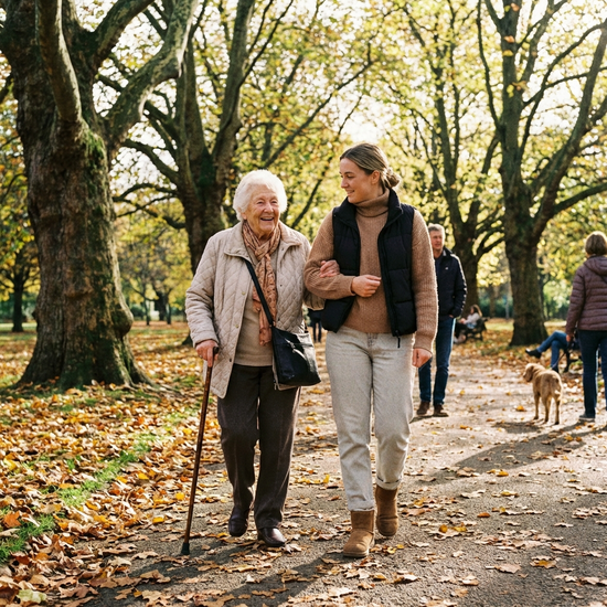 Ältere Dame und Betreuerin machen einen entspannten Spaziergang im Park