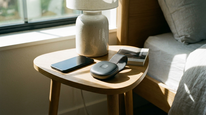 Modernes Hausnotruf-Gerät liegt griffbereit auf einem kleinen Nachttisch