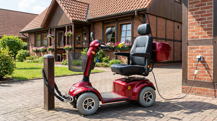 Roter Elektromobil-Roller steht sicher geparkt vor einem Einfamilienhaus