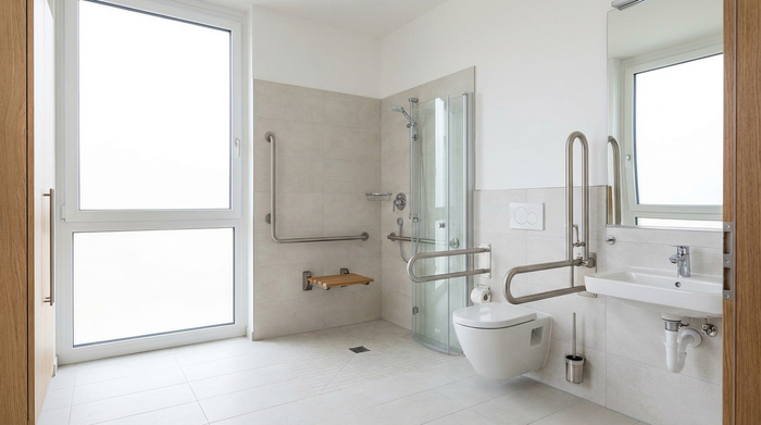 Helles, barrierefreies Badezimmer mit bodengleicher Dusche und stabilen Haltegriffen