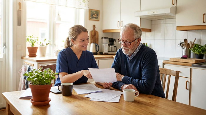 Freundliche Pflegekraft sitzt gemeinsam mit einem älteren Herrn am Küchentisch und bespricht Unterlagen