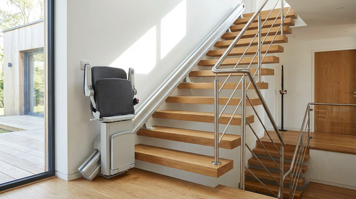 Moderner Treppenlift an einer geraden Holztreppe