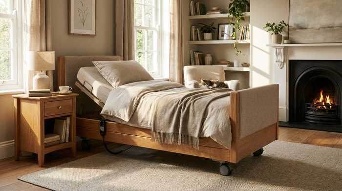 Elektrisch verstellbares Pflegebett mit Nachttisch in einem gemütlichen Schlafzimmer