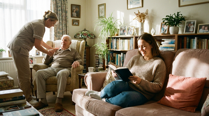 Entspannte Tochter liest ein Buch auf dem Sofa, während ihr Vater von einer Pflegekraft betreut wird