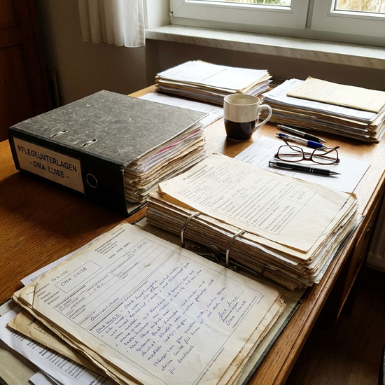 Ordner mit Pflegeunterlagen und Formularen auf einem Schreibtisch
