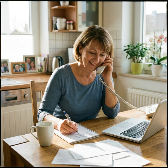 Angehörige telefoniert und macht sich Notizen auf einem Block