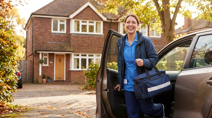 Freundliche Pflegekraft steigt mit ihrer Pflegetasche aus dem Auto vor einem Wohnhaus