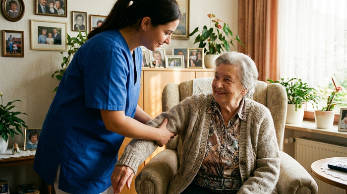 Pflegekraft hilft einer älteren Dame behutsam beim Anziehen einer Strickjacke