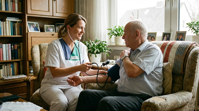 Examinierte Pflegekraft misst den Blutdruck eines Seniors im Wohnzimmer