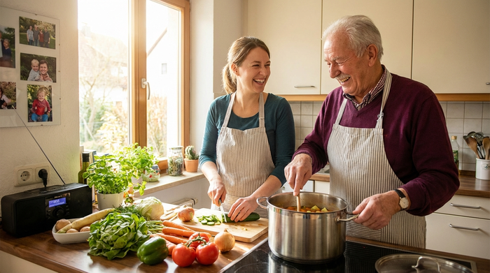 Alltagsbegleiterin bereitet gemeinsam mit einem Senior eine frische Mahlzeit zu