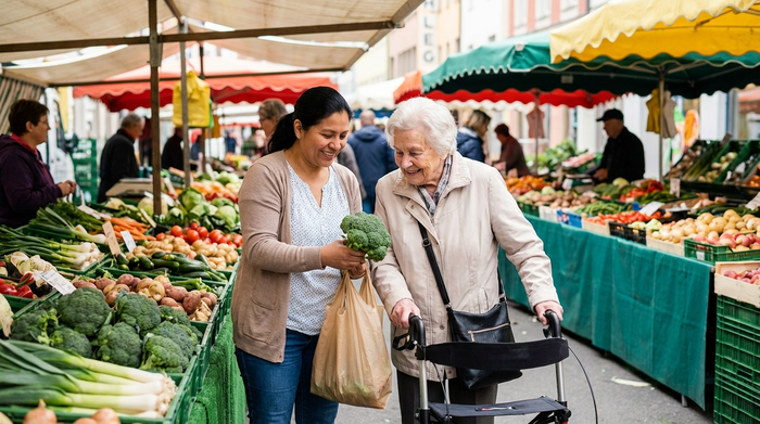 Haushaltshilfe und Seniorin betrachten gemeinsam frisches Gemüse auf dem Wochenmarkt