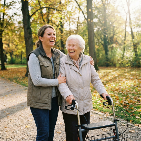 Betreuungskraft und Seniorin lachen gemeinsam beim Spaziergang im Park