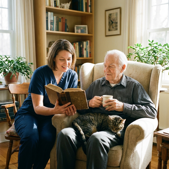 Betreuungskraft liest einem älteren Herrn aus einem Buch vor
