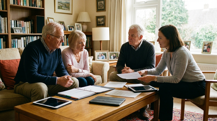 Angehörige, Senior und eine neutrale Beraterin sitzen mit Dokumenten am Wohnzimmertisch