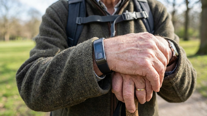 Modernes Hausnotruf-Armband am Handgelenk eines Seniors