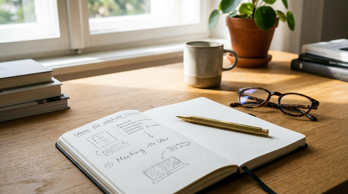 Notizblock mit Stift und einer Brille auf einem aufgeräumten Schreibtisch