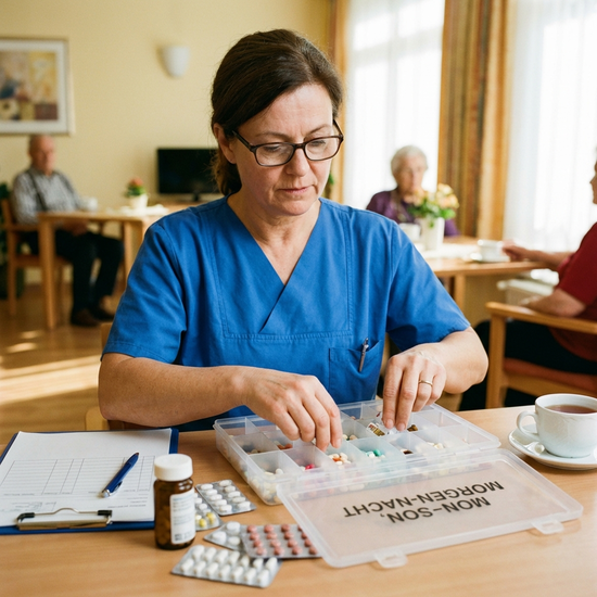 Pflegekraft sortiert Medikamente in einer Pillenbox