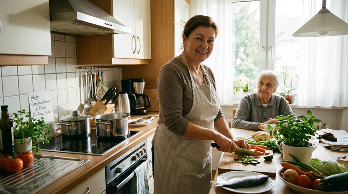 Betreuungskraft bereitet frische Mahlzeit in der Küche zu