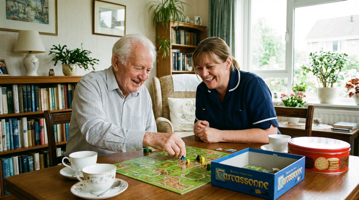 Senior und Betreuungskraft spielen gemeinsam ein Brettspiel