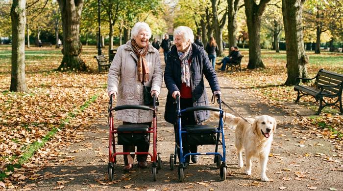 Gemeinsamer Spaziergang mit Rollator im Park