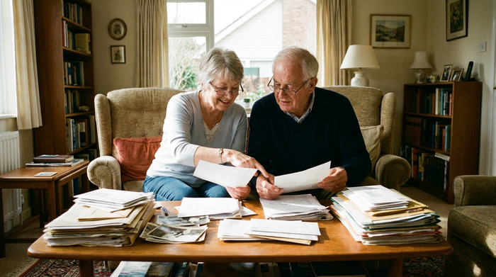 Älteres Ehepaar sichtet gemeinsam Dokumente am Wohnzimmertisch