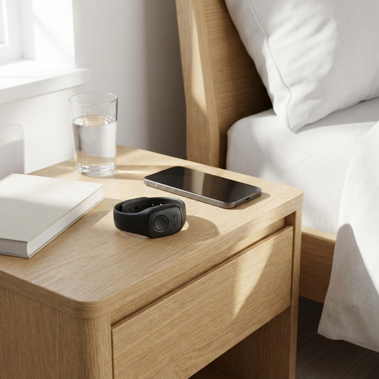 Moderner Hausnotruf-Sender liegt griffbereit auf einem Nachttisch