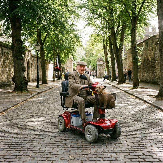 Senior fährt mit einem Elektromobil auf einem gepflasterten Weg