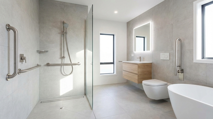 Helles, modernes Badezimmer mit bodengleicher Dusche und stabilen Haltegriffen