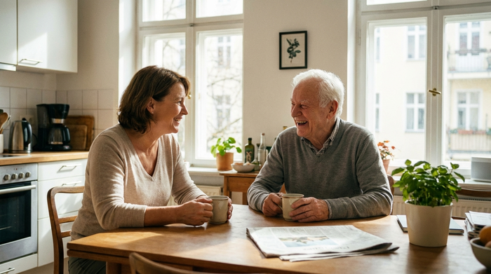 Freundliche Pflegekraft und lächelnder Senior sitzen gemeinsam am Küchentisch in einer hellen Wohnung und trinken Kaffee.