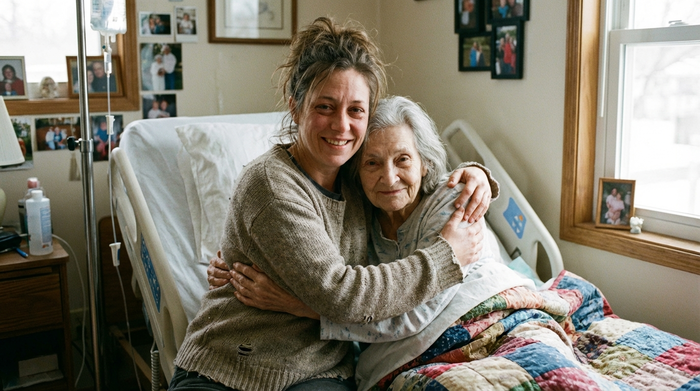 Erschöpfte aber lächelnde Tochter umarmt ihre pflegebedürftige Mutter