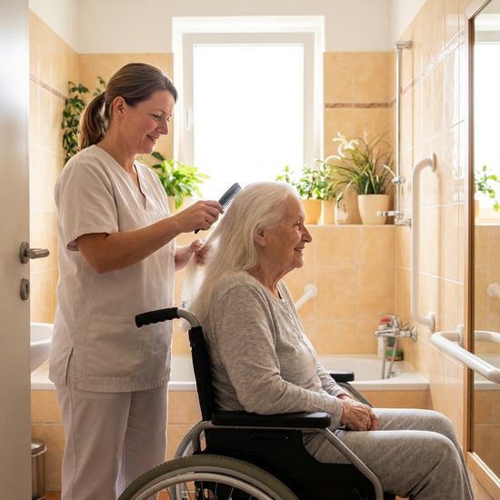 Pflegekraft hilft Seniorin beim Kämmen der Haare im Badezimmer
