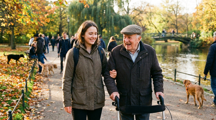Junge Alltagsbegleiterin und Senior spazieren gemeinsam durch einen Park