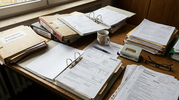 Ordner mit Dokumenten und Formularen auf einem Schreibtisch