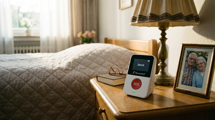 Hausnotruf-Gerät auf einem Nachttisch