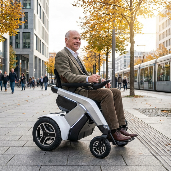 Moderner elektrischer Rollstuhl auf einem Gehweg