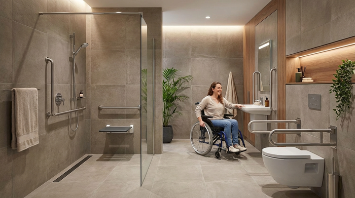 Modernes, barrierefreies Badezimmer mit bodengleicher Dusche und Haltegriffen