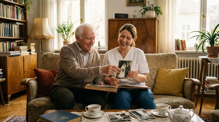 Pflegekraft und Senior beim gemeinsamen Betrachten von alten Fotos im Wohnzimmer