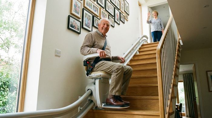 Senior fährt sicher mit einem Treppenlift in das obere Stockwerk