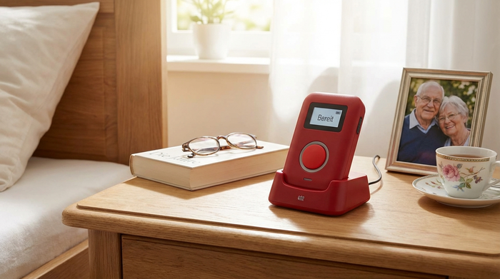 Rotes Hausnotruf-Gerät steht griffbereit auf einem Nachttisch