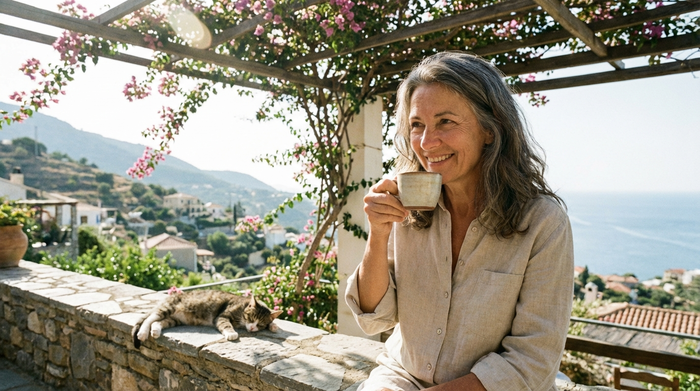 Entspannte Frau mittleren Alters trinkt Kaffee auf einer sonnigen Terrasse