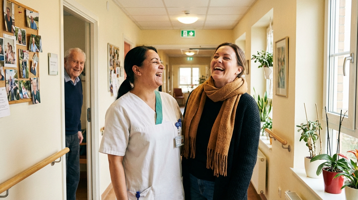 Pflegekraft und Tochter des Seniors lachen gemeinsam im Flur
