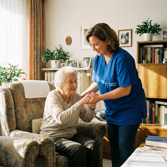 Pflegerin hilft älterer Dame behutsam beim Aufstehen aus dem Sessel